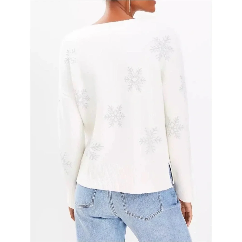 Ann Taylor LOFT Womens Size XL Shimmer Snowflake Sweater in Cream/Silver $70